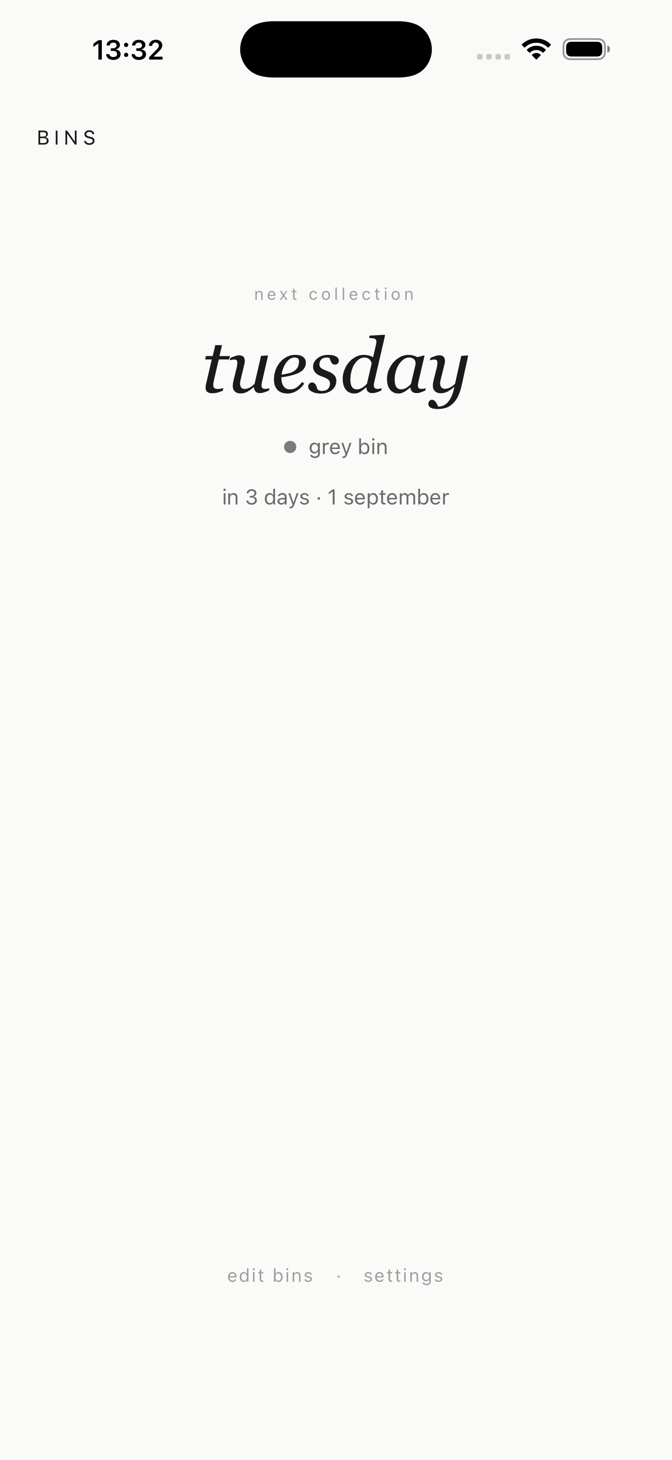 Bins - the next collection, its day and date