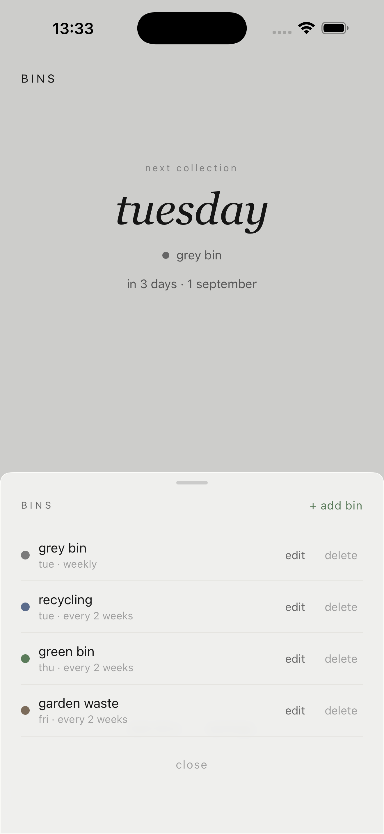 Bins - the bin list, weekly and fortnightly side by side