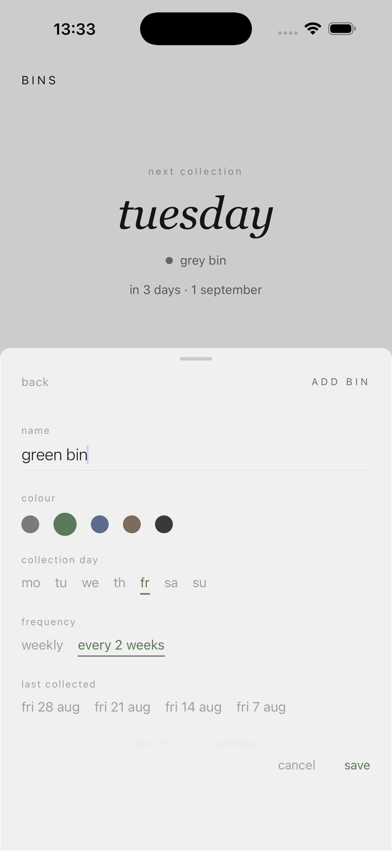 Bins - setting a bin up: colour, day, frequency