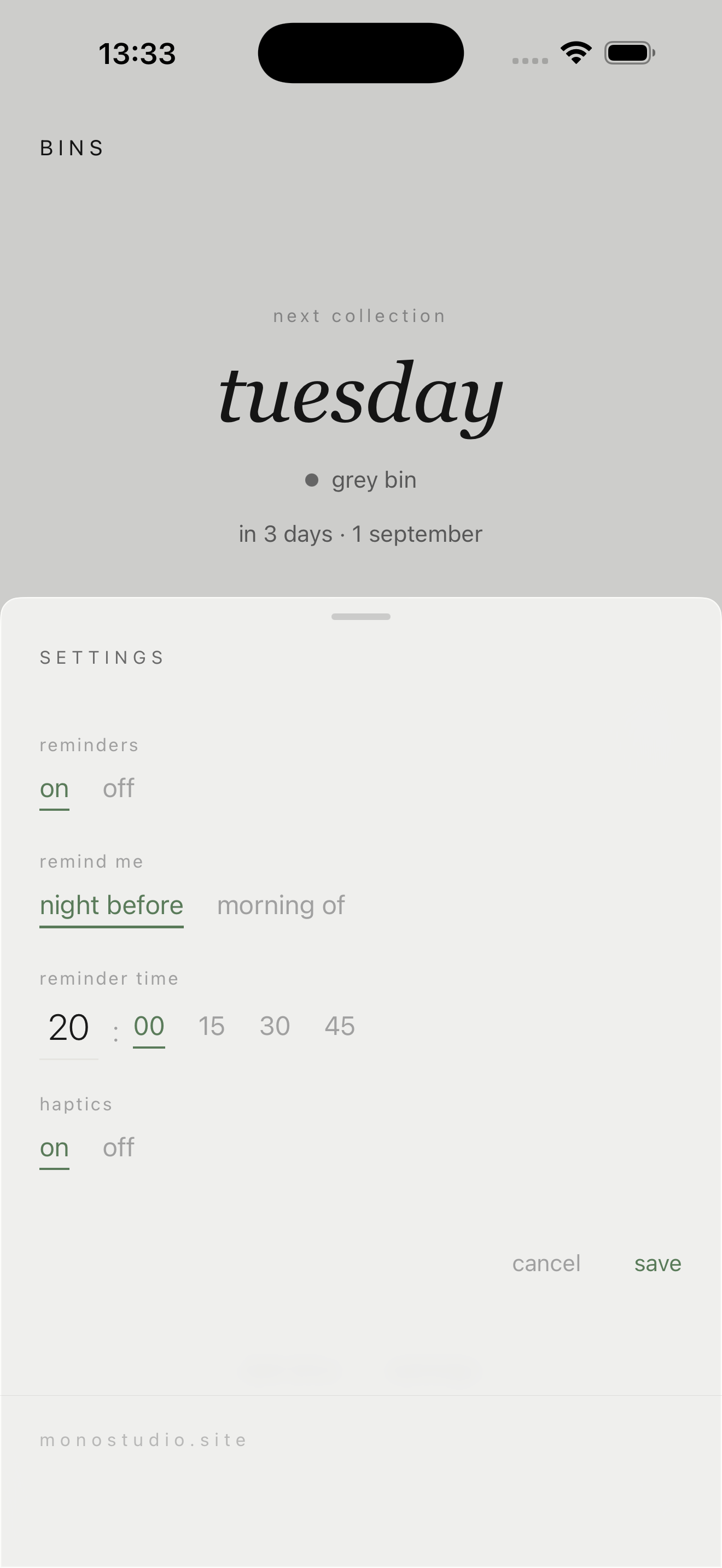 Bins - reminders, night before or morning of