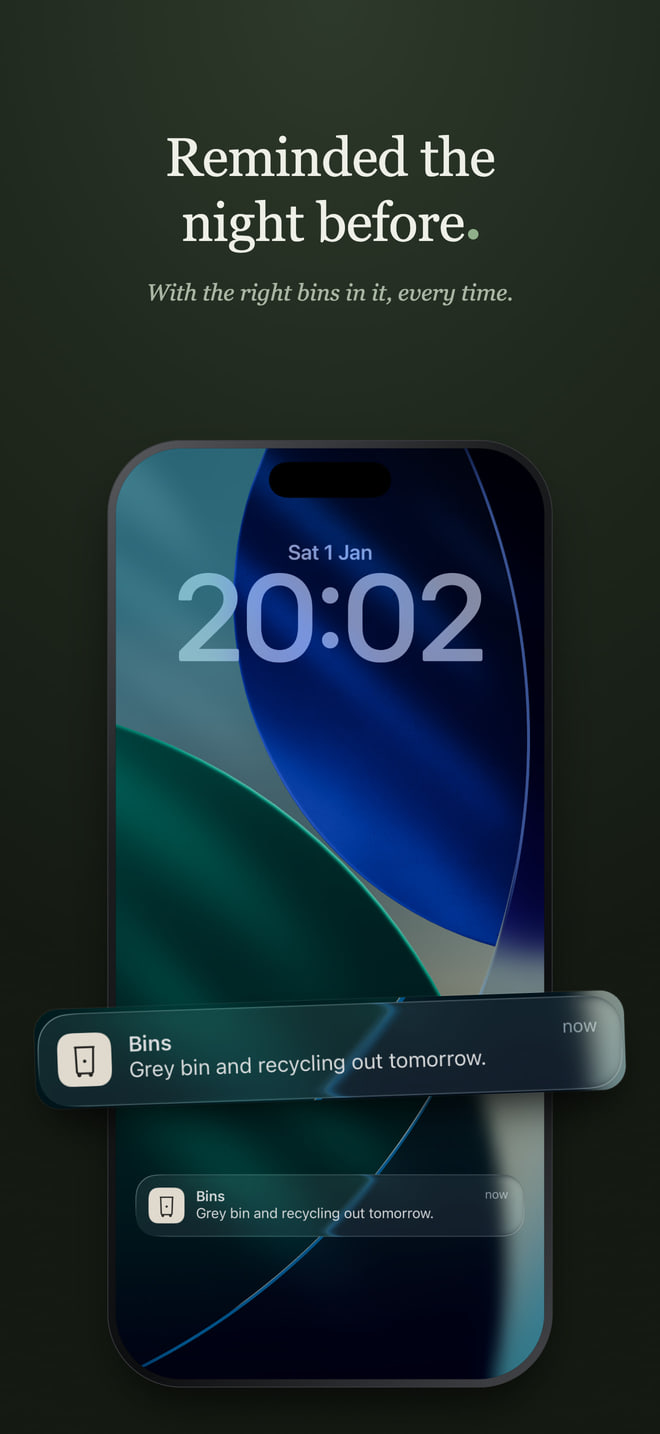 Bins - the reminder the night before, on the Lock Screen